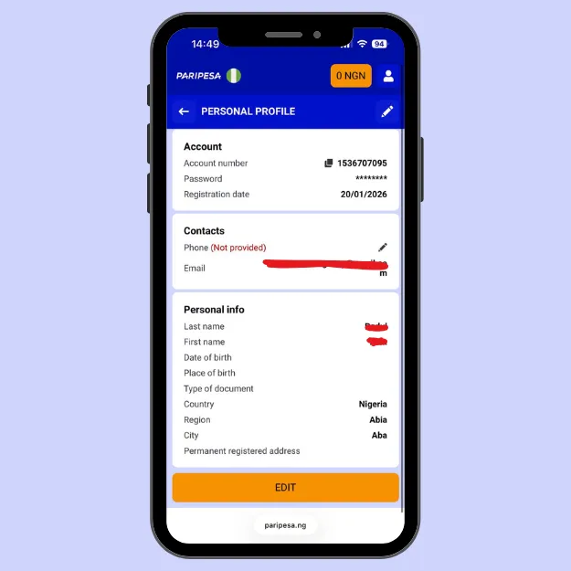 PariPesa account profile page