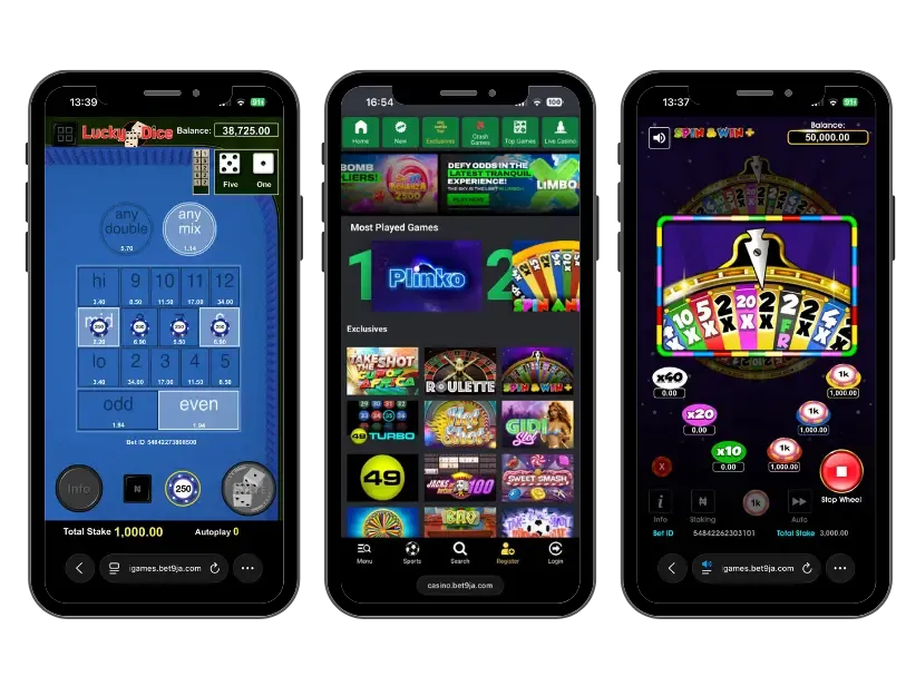 Exclusive games homepage on Bet9ja casino with Lucky Dice and Spin and Win games in demo mode