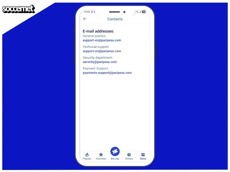 Paripesa app customer support options listed on the screen.