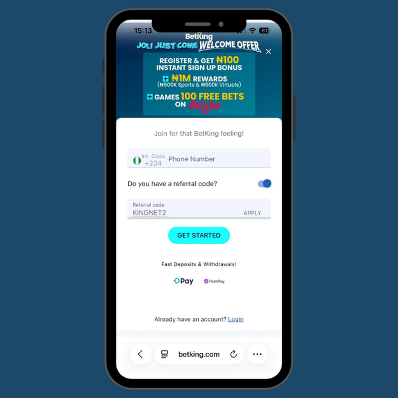 BetKing registration form with phone number and referral code entry fields and a blue Get Started button.