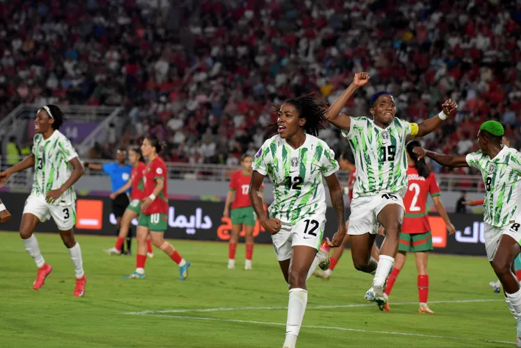 Nigeria Super Falcons celebrate Jennifer Echegini winning goal in the WAFCON 2024 final