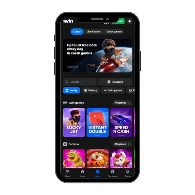 1Win casino on mobile with bottom menu and free bets bonus for Crash games.
