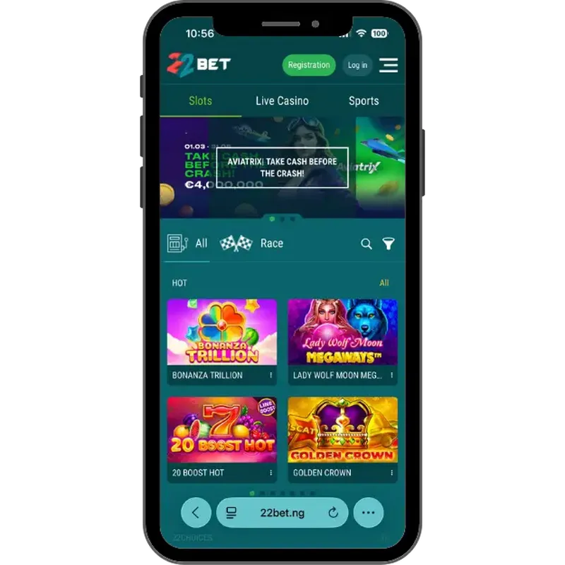 22Bet crypto casino homepage with HOT games, slots section and Live casino tab on top.