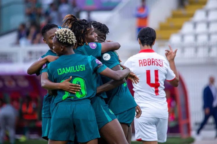 Super Falcons celebrate a goal vs Tunisia 