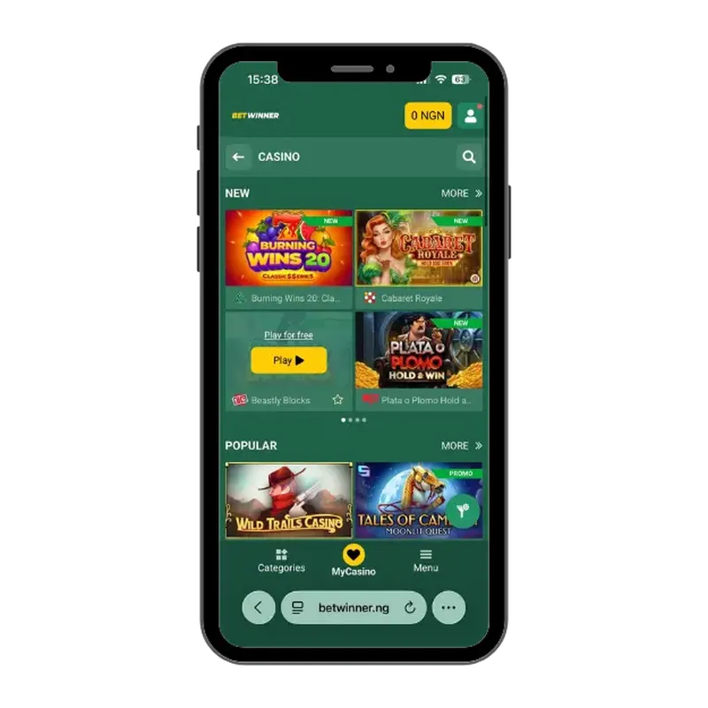 BetWinner casino on mobile with popular slots and new games.
