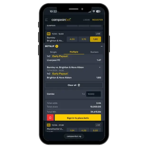 Campeonbet mobile bet slip showing a multiple accumulator bet with selections and odds