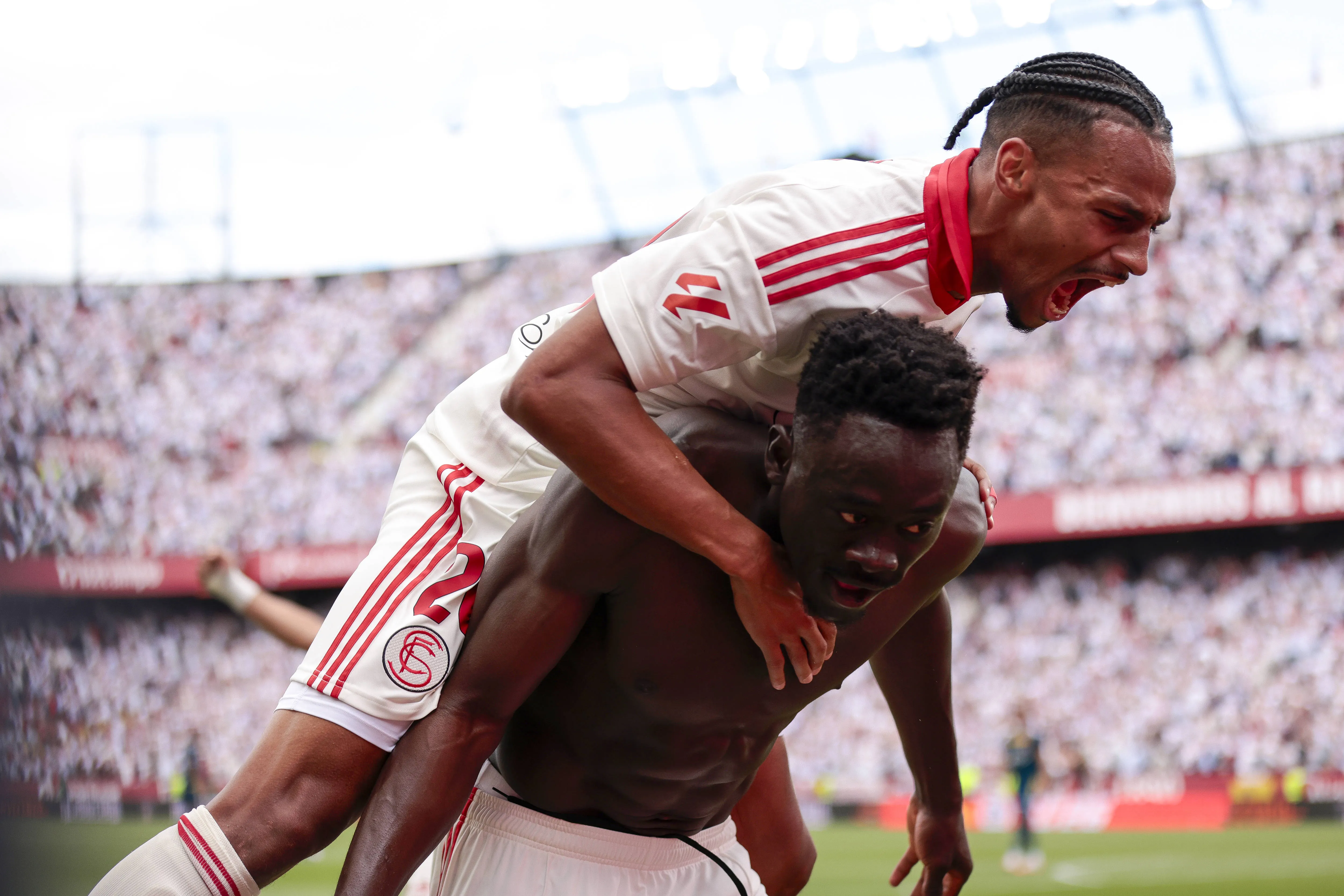 Akor Adams of Sevilla FC celebrates a goal