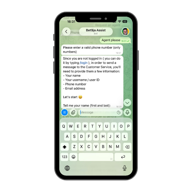 Bet9ja customer support on Telegram, chat with the bot asking login details.