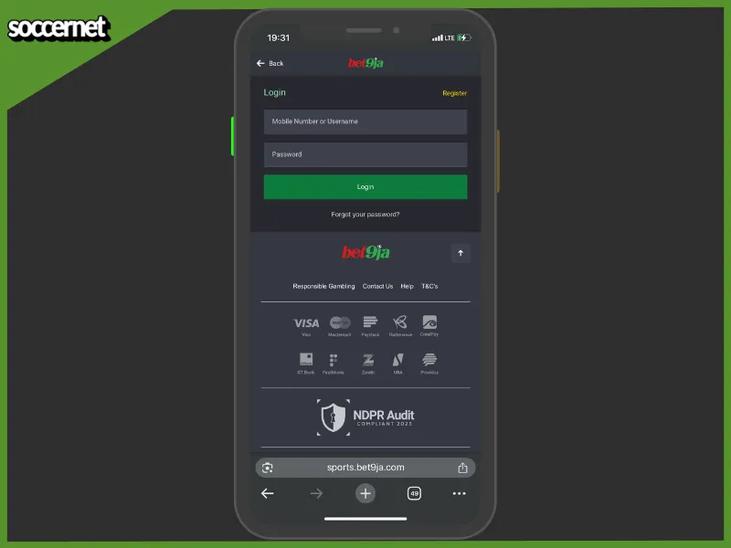 Bet9ja app login screen with username and password fields.