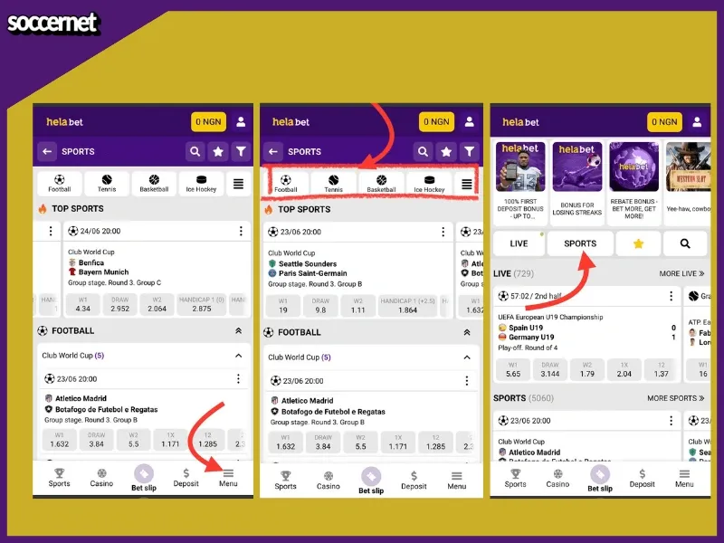 Helabet mobile navigation with screens showing features and buttons