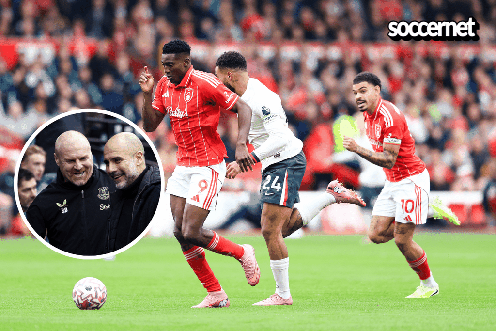 Taiwo Awoniyi in action for Nottingham Forest in their Premier League clash against Chelsea, alongside two coaches, Sean Dyche and Pep Guardiola