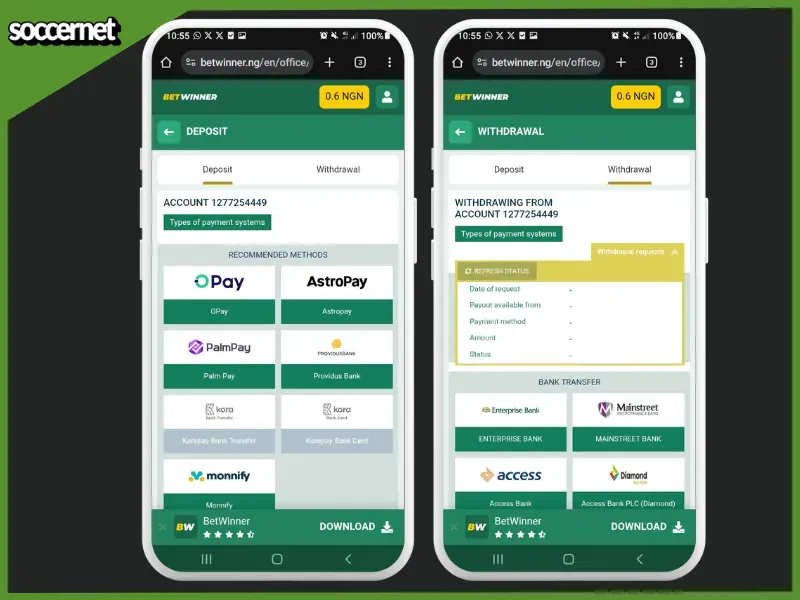 Betwinner payments page showing deposit and withdrawal methods on two separate phone frames.