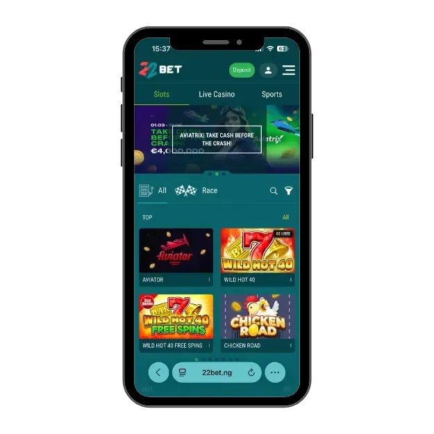 22bet mobile casino with TOP games and tabs for slots, live casino, and sports.