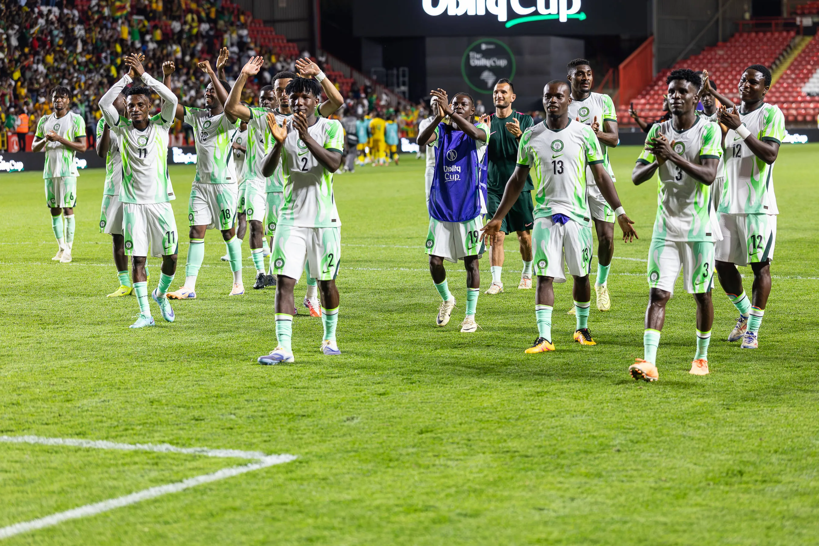 Super Eagles applaud the visiting fans during the Unity Cup London 2026 match between Nigeria and Zimbabwe at The Valley