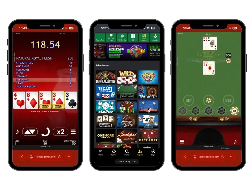 Table games section on Bet9ja casino with Blackjack and Jacks or Better games in demo mode