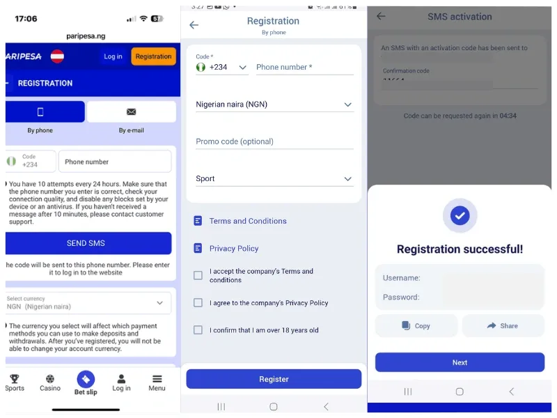 Paripesa app registration steps on mobile.