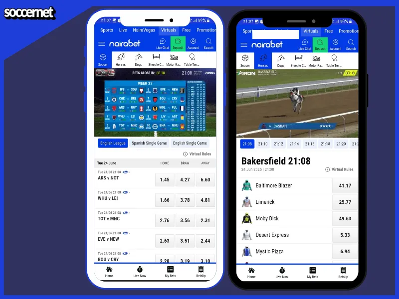 Virtual football and horse racing on the nairabet app