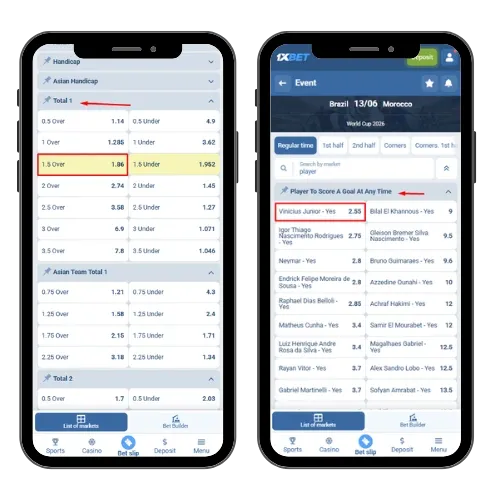 1xBet team and player props betting markets on Brazil vs Morocco.
