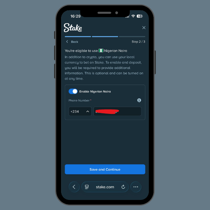 Stake verification page showing the second step to verify your phone number and enable Nigerian Naira.