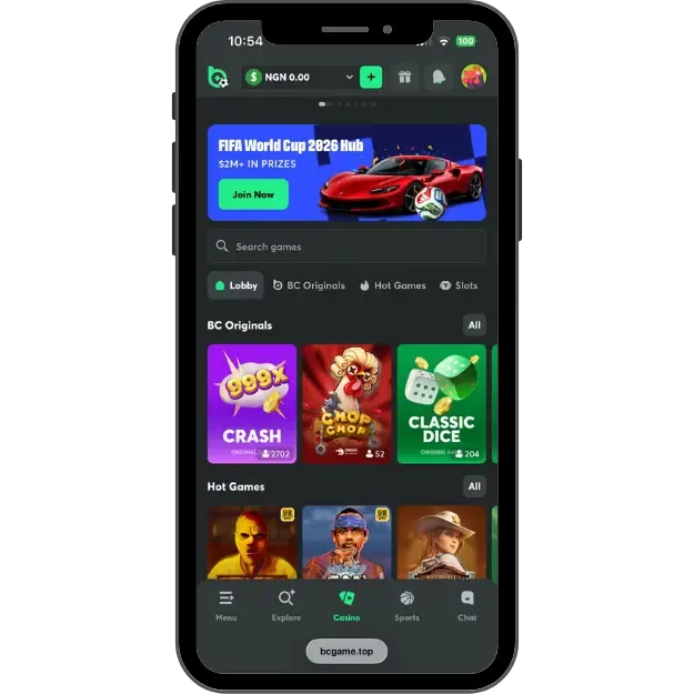 BC.GAME crypto casino homepage with BC Original games and Hot Games in front. 
