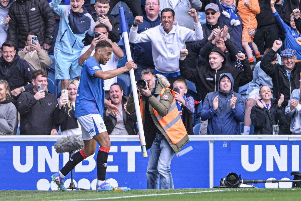 Cyriel Dessers of Rangers celebrates his first goal during the William Hill Premiership match at Ibrox Stadium
