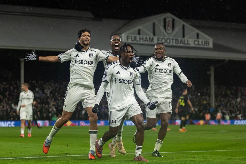 Raul Jimenez goal celebration with Samuel Chukwueze Ryan Sessegnon and Alex Iwobi during Fulham and Sunderland in Premier League 