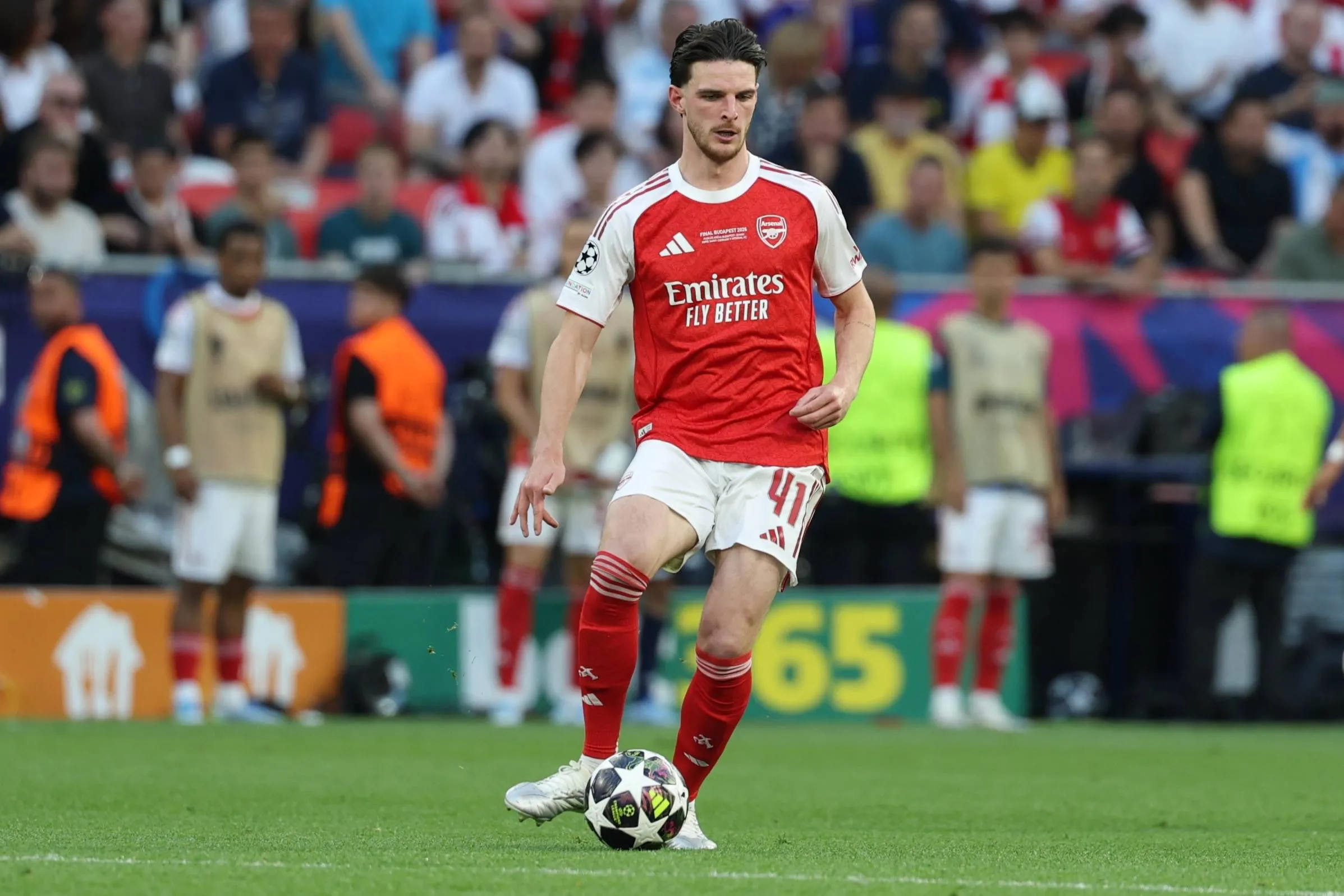 UEFA Champions League final , Paris vs Arsenal Declan Rice Arsenal is in action Budapest Puskas Arena ,Budapest Puskas Arena Hungary