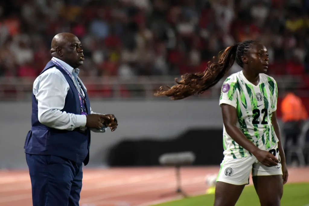 Coach Justin Madugu and Michelle Alozie of Nigeria during the 2025 WAFCON Finals match between Morocco and Nigeria at Stade Olympique de Rabat