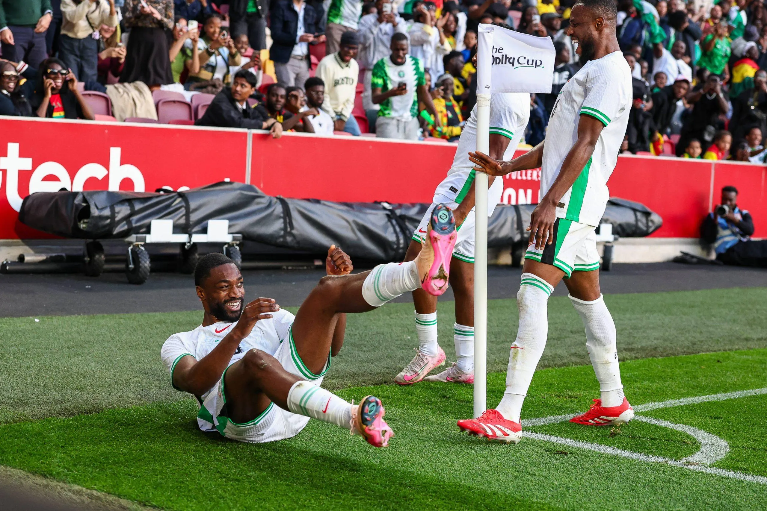 Ghana v Nigeria Unity Cup London 2025. GOAL 0-2. Nigeria defender Semi Ajayi 6 celebrates after an own goal Ghana defender Razak Simpson during the Unity Cup London 2025 match between Ghana and Nigeria at Gtech Community Stadium, Brentford.