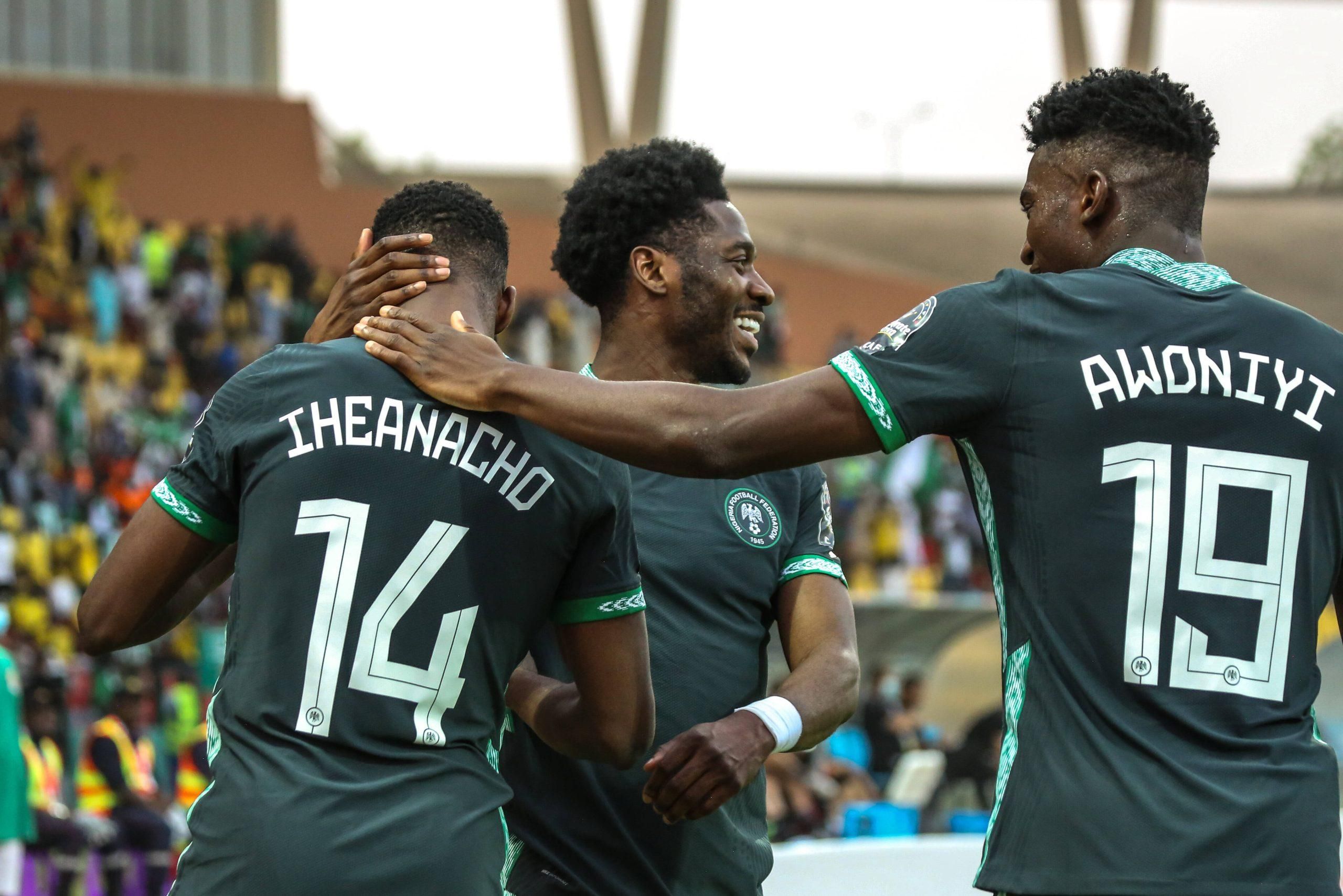 Taiwo Awoniyi and Iheanacho celebrating a goal for the Super Eagles of Nigeria