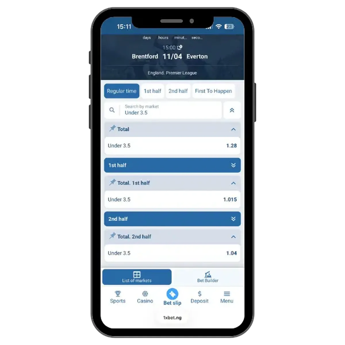 1xBet betting market showing under 3.5 odds for full time, first half, and second half in Brentford vs Everton match