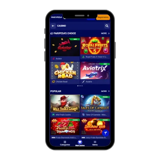 Paripesa online casino on mobile with Popular games and Paripesa's choice.
