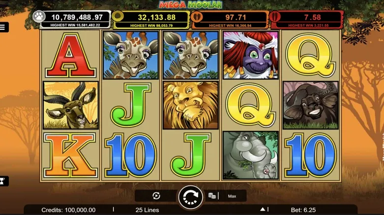 Mega Moolah slot game with four jackpots and symbols on the reel.