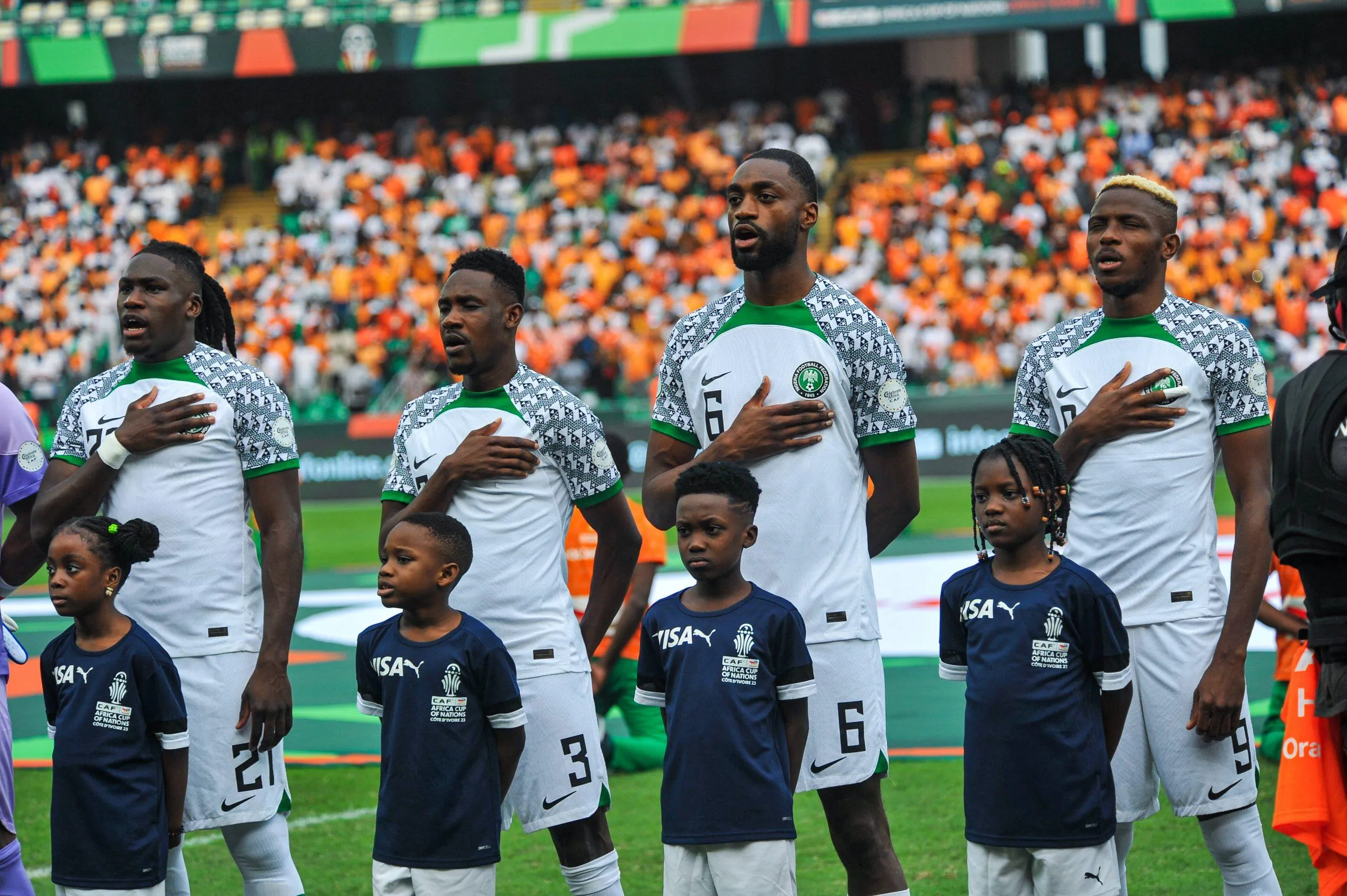 Calvin Bassey, Zaidu Sanusi, Semi Ajayi and Victor Osimhen during the TotalEnergies Caf Africa Cup of Nations Afcon 2023 match between Cote D Ivoire and Nigeria at Stade D Ebimpe