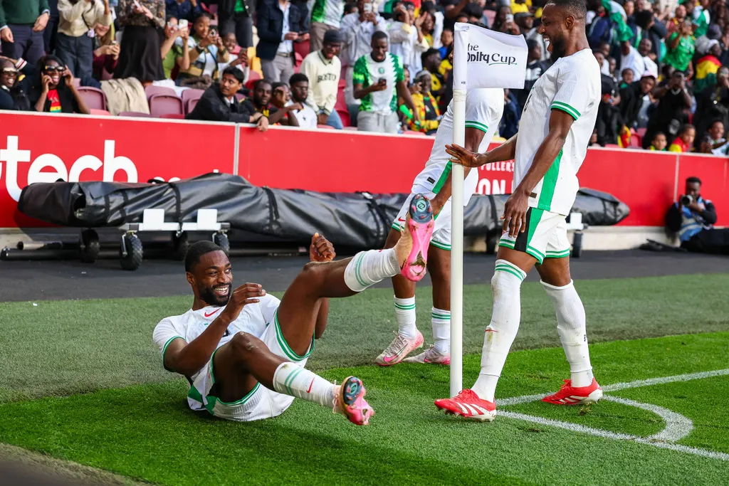 Semi Ajayi celebrates after an own goal by Ghana defender Razak Simpson during the Unity Cup London 2025 match between Ghana and Nigeria at Gtech Community Stadium, Brentford