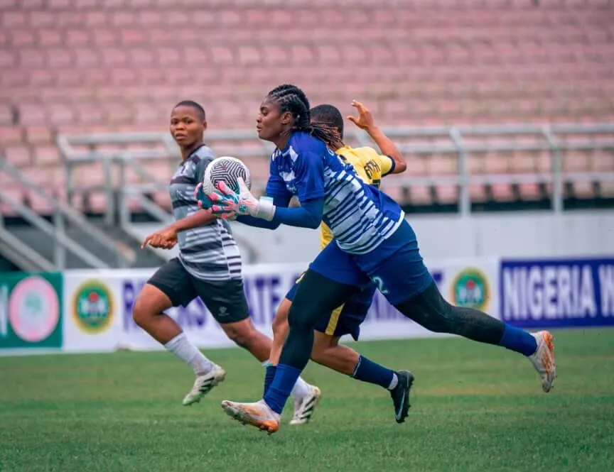 Super Falcons goalie Fatima Oloko in action for Abia Angels 