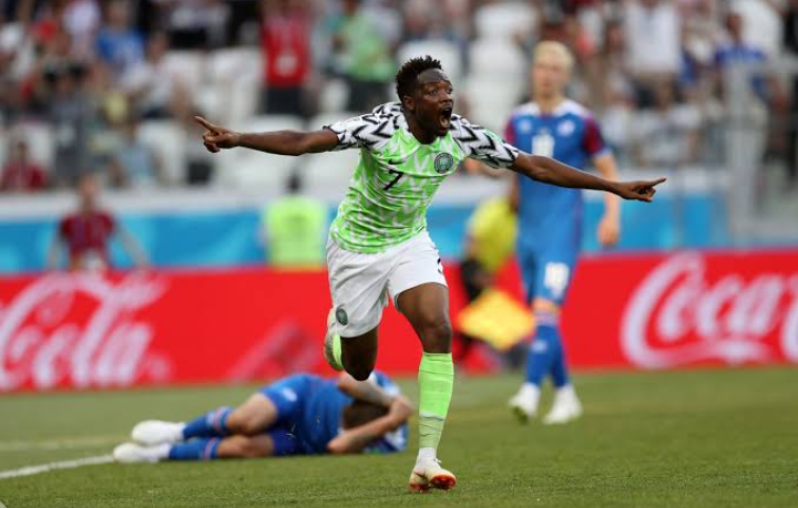 Super Eagles' Ahmed Musa celebrates scoring against Iceland at the World Cup
