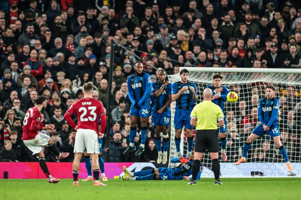 Bruno Fernandes scores to make it 3-3 during the Premier League match Manchester United vs Bournemouth