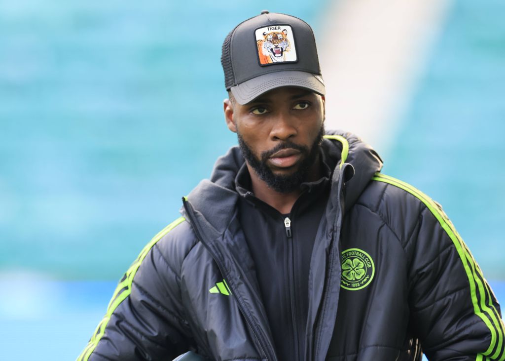 Kelechi Iheanacho arrives at the stadium during the William Hill Premiership match at Easter Road