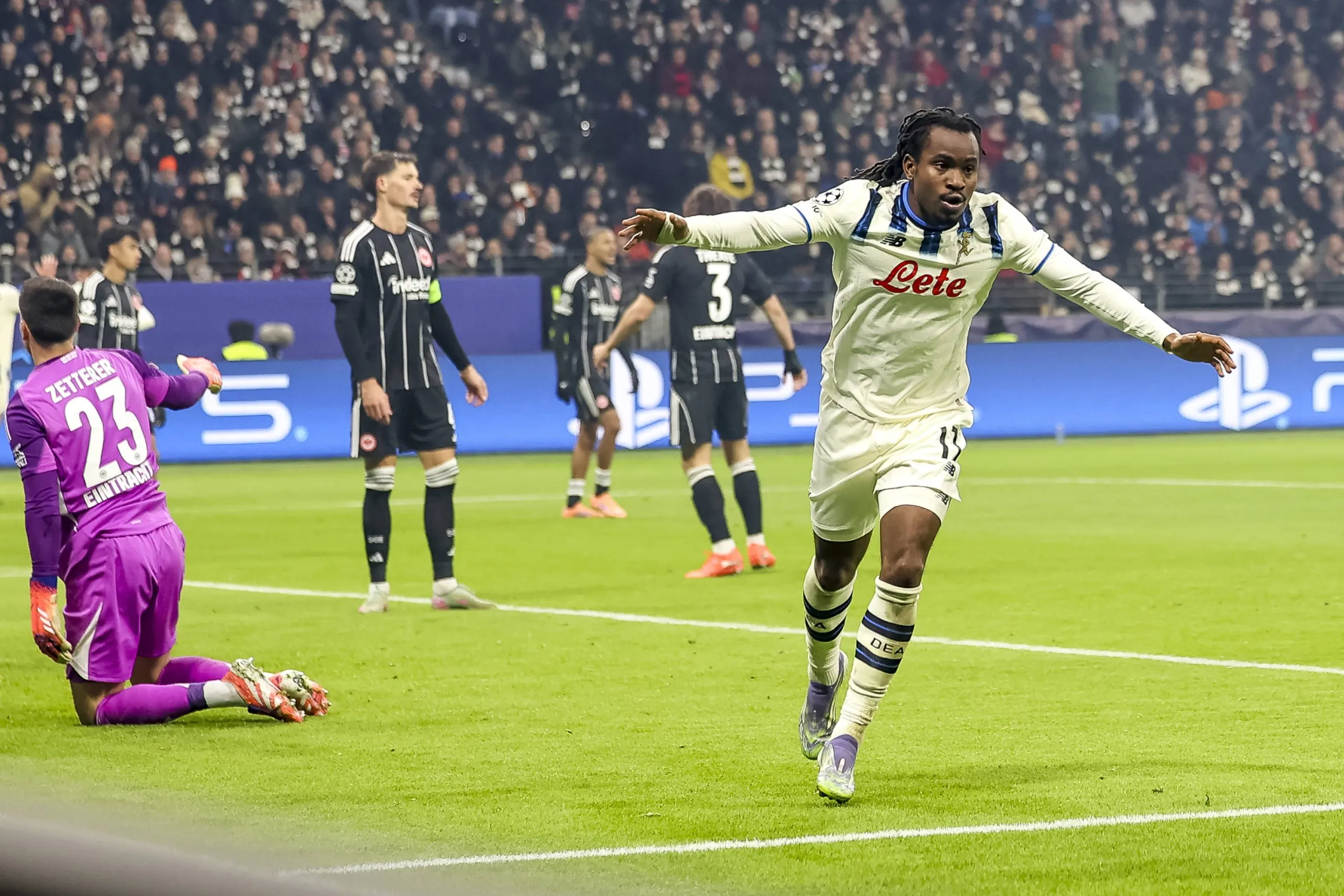 Ademola Lookman celebrating for Atalanta after his goal during the UEFA Champions League clash against Eintracht Frankfurt