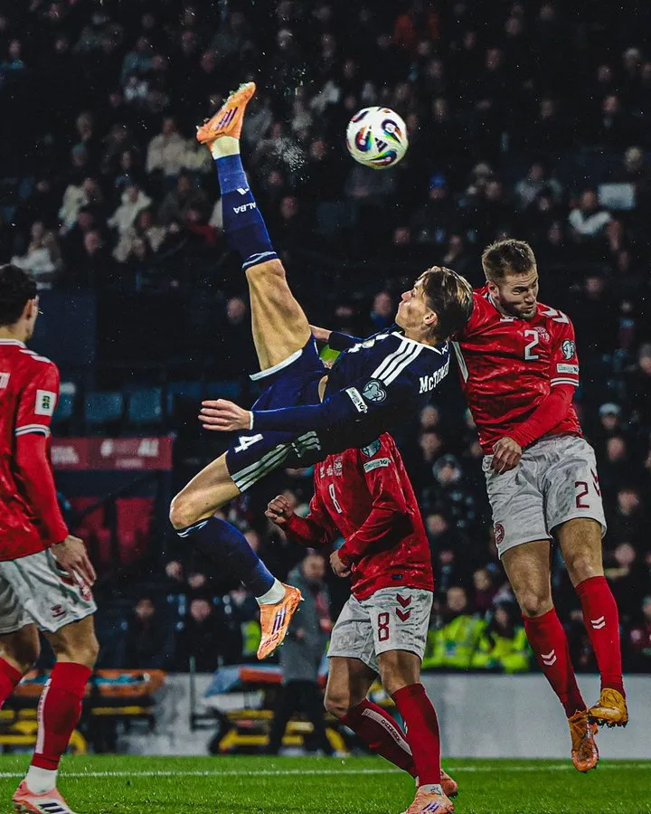 McTominay's overhead kick goal for Scotland against Denmark 