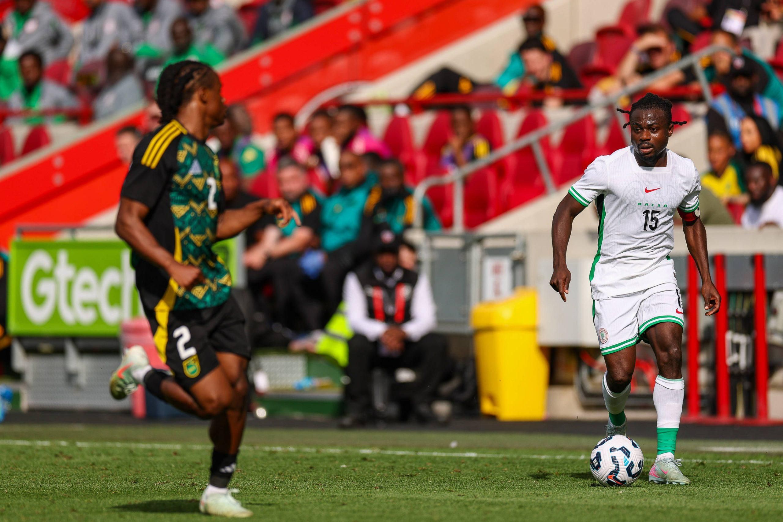  Nigeria forward Moses Daddy Simon 15 during the Unity Cup Final, London 2025 match between Jamaica and Nigeria at Gtech Community Stadium