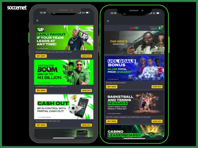 Two phone screens showing the Bet9ja promotions page with current offers for existing players.