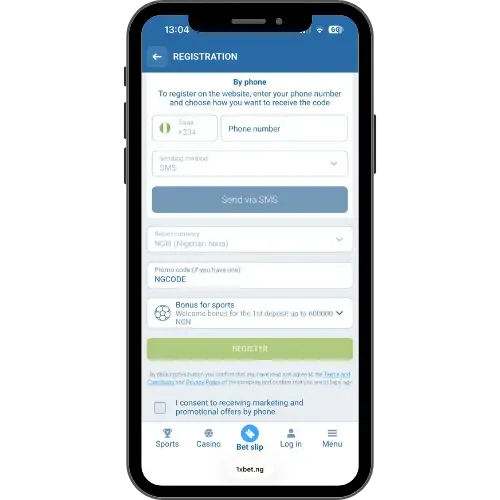 1xBet registration with the mobile phone number and the NGCODE promo code for bonus for sports.