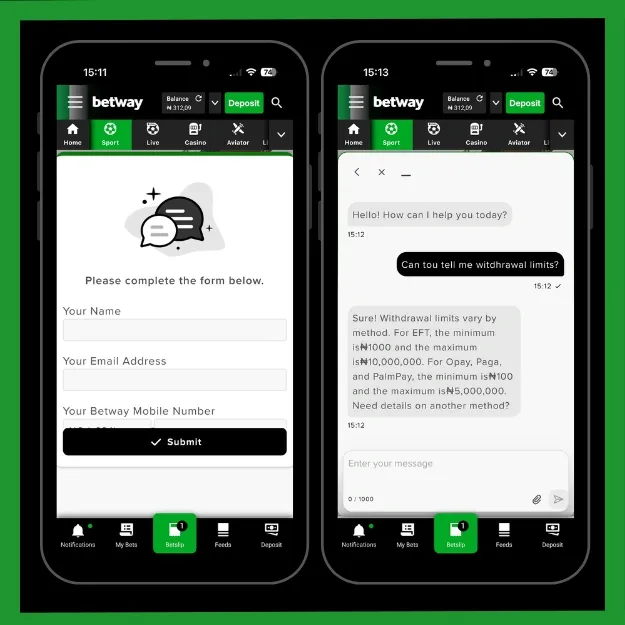 Betway customer support with options for contact and live chat.