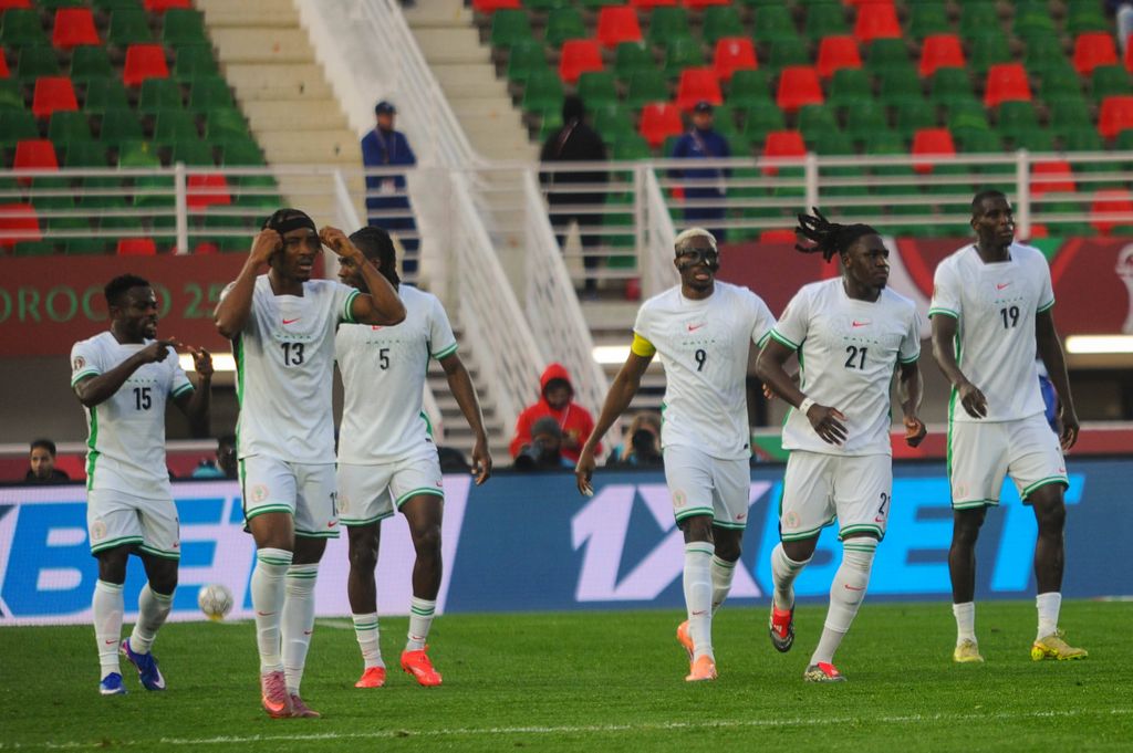 Nigeria celebrate a goal during the Africa Cup of Nations AFCON match between Uganda and the Super Eagles of Nigeria