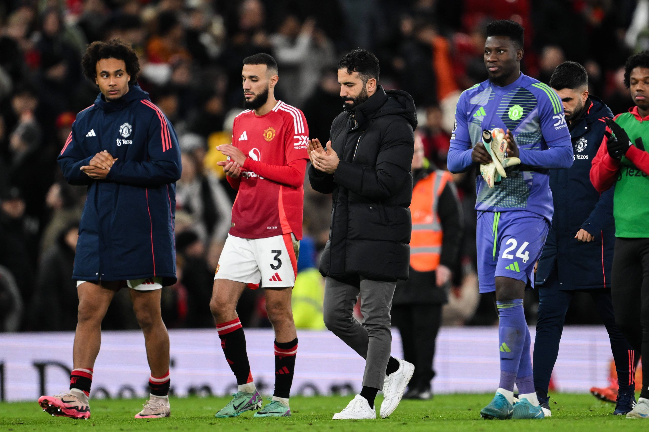 A dejected Ruben Amorim applauds the home fans after the Premier League match Manchester United vs Newcastle United at Old Trafford
