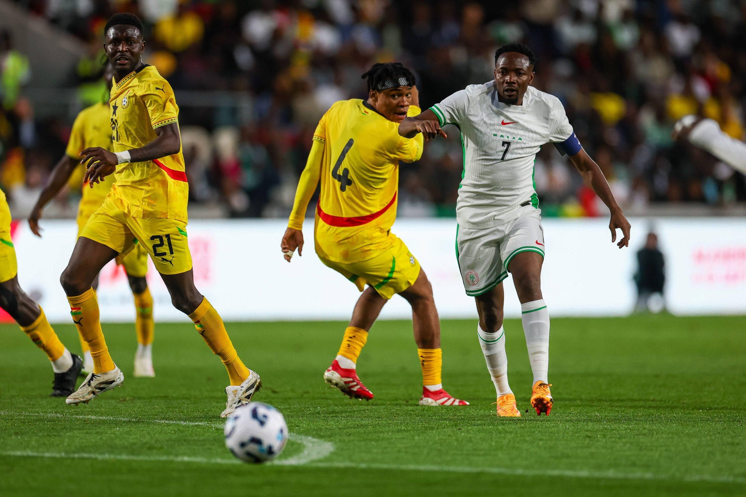 Nigeria forward Ahmed Musa 7 heads into the box during the Unity Cup London 2025 match between Ghana and Nigeria
