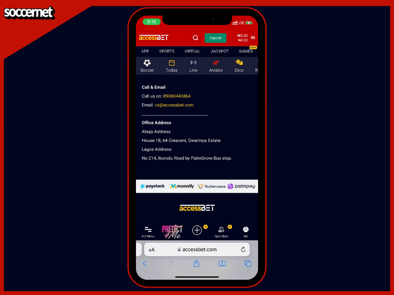 Accessbet Nigeria customer support and office address