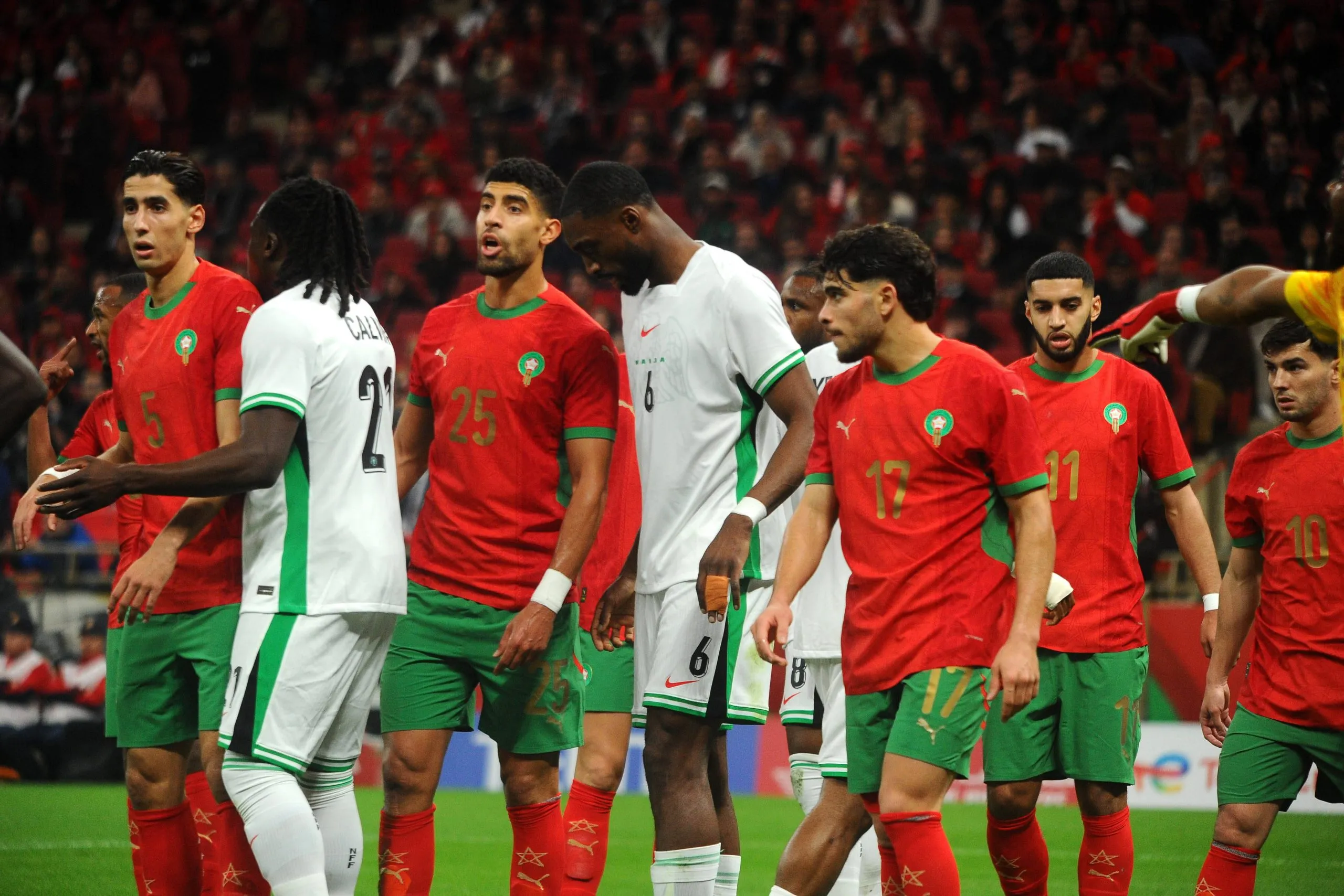 Calvin Bassey, Semi Ajayi and Adam Masina, Abdessamad Ezzalzouli, Nayef Aguerd, Morocco during AFCON game between Super Eagles and Morocco